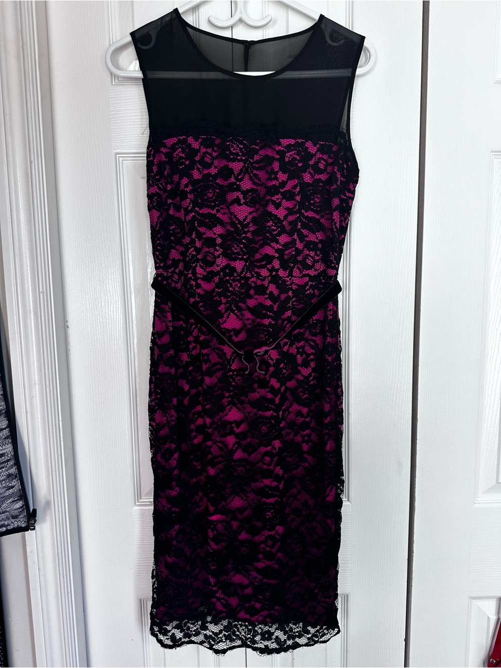 VENUS Black Lace Midi Dress with Magenta Underlay #21